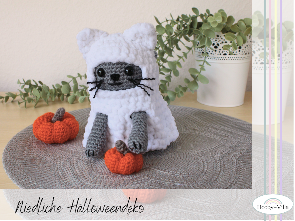 Haekelanleitung für Halloween Katze als Geist